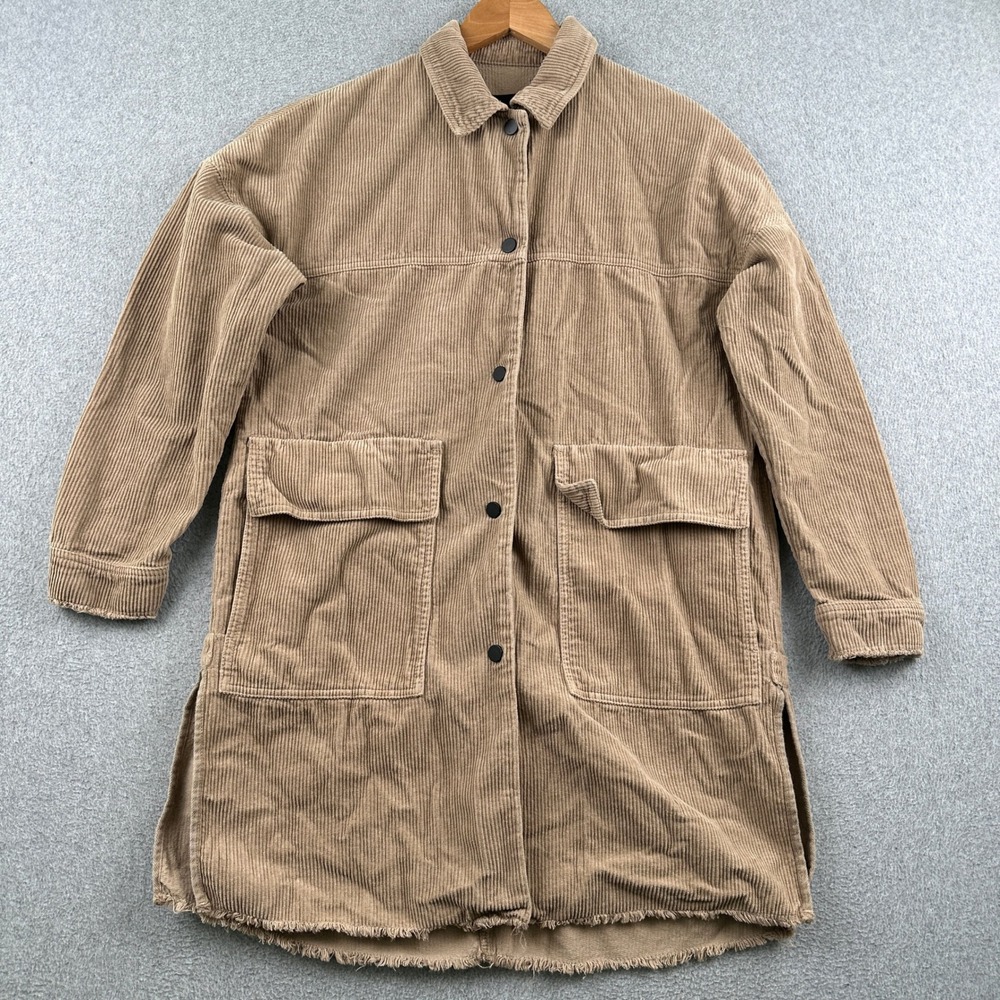 Zara Jacket Womens XS Corduroy Shacket Tan Longline Button Down Frayed Hem